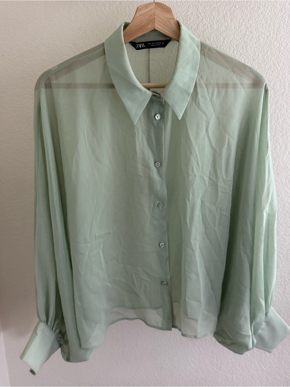 Zara minimalist Fairycore sage green mesh blouse shirt balloon sleeves size L